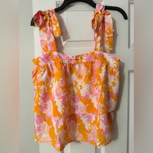 Tie-Shoulder Floral Layered Tank Top - Pink & Orange